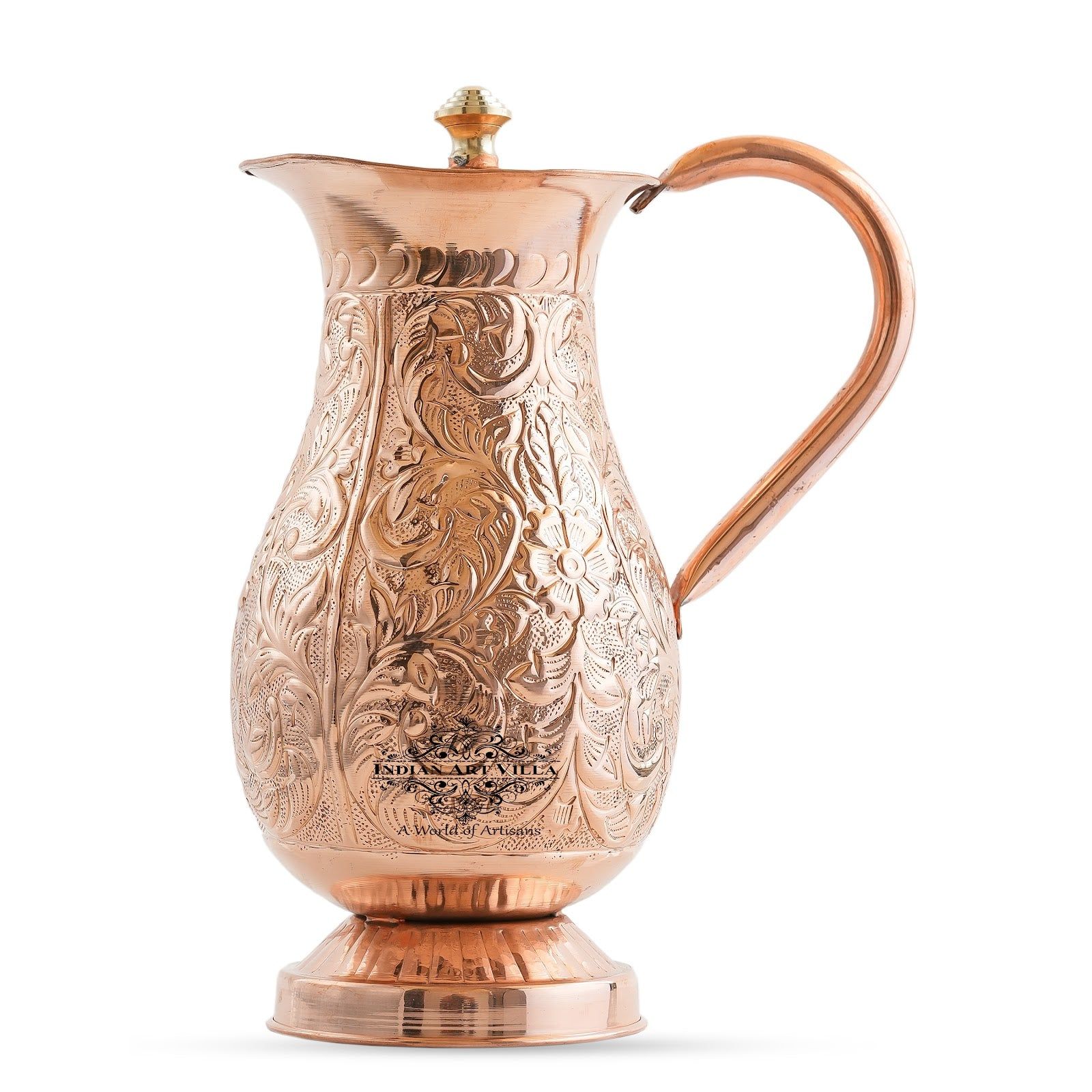 Pure copper antique hammered design mughlai jug with lid embossed, 1500 ML